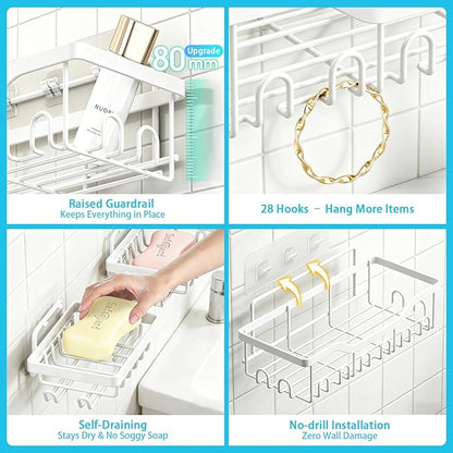 Fammart Adhesive Shower Caddy, 5-Pack Rustproof Stainless Steel Bathroom Organizer with 28 Hooks, No-Drill Large Capacity Shower Shelves for Bathroom Storage & Home Décor, White