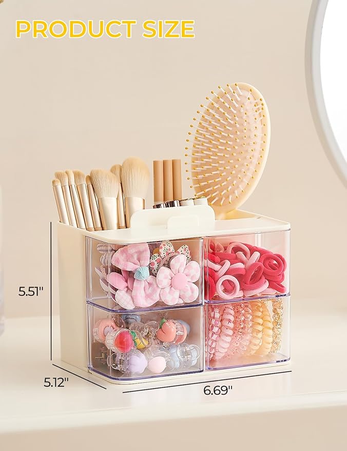 UFORU Hair Accessories Organizer with Hair Brush Holder, 4 Drawer Rotatable Hair Tie Organizer for Makeup Brushes, Hair Clips, Earrings, Necklaces, Bracelets and Hair Accessories, White, 2-Layer