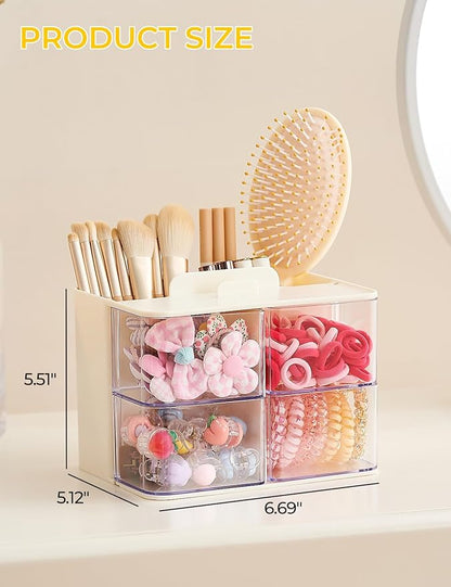UFORU Hair Accessories Organizer with Hair Brush Holder, 4 Drawer Rotatable Hair Tie Organizer for Makeup Brushes, Hair Clips, Earrings, Necklaces, Bracelets and Hair Accessories, White, 2-Layer