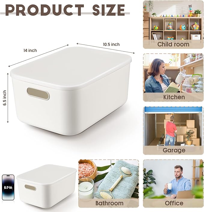 Tuanse 8 Pieces White Plastic Storage Bins with Lids, Stackable Storage baskets with Handle Containers Box for Shelves Drawers Desktop Playroom Classroom Office Organization(14 x 10.5 x 6.5 Inches)