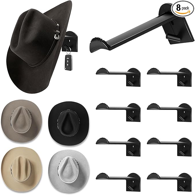 SelfTek 2.9 Inch Cowboy Hat Rack for Wall - 8 Pack Hat Hooks & Holder Hanger, Heavy Duty Adhesive Wall Mount, Western Room Decor for Baseball Cowboy, Sun Hats, Fedora, Wide Brim Hats (Black)