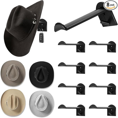 SelfTek 2.9 Inch Cowboy Hat Rack for Wall - 8 Pack Hat Hooks & Holder Hanger, Heavy Duty Adhesive Wall Mount, Western Room Decor for Baseball Cowboy, Sun Hats, Fedora, Wide Brim Hats (Black)