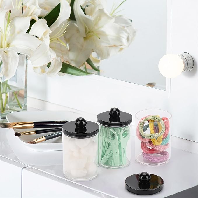 Tbestmax 10oz Qtips Holder - Bathroom Organizers and Storage Containers Plastic Apothecary Jar with Black Lids for Cotton Swab, Cotton Round Pads, Floss - Black