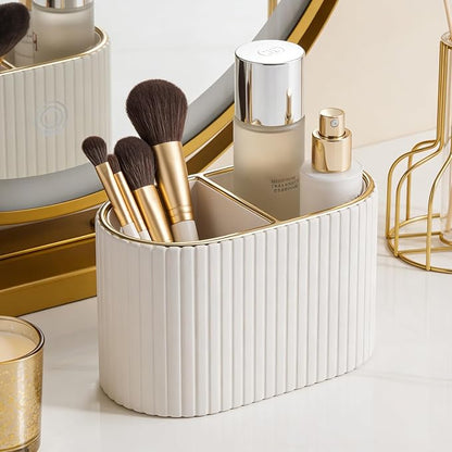 KINGFOM Makeup Brush Holder Organizer with Divider, PU Leather Vanity Brush Holder for Bathroom Countertop & Dressing Table, Cosmetic Desktop Storage Caddy for Makeup Tools Oval (Light Beige)