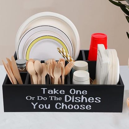 Silverware Caddy Organizer for Countertop, Kitchen Utensil Caddy for Cups, Forks, Spoons, Napkins, Wooden Utensil Holder Paper Plate Dispenser for Party Picnic