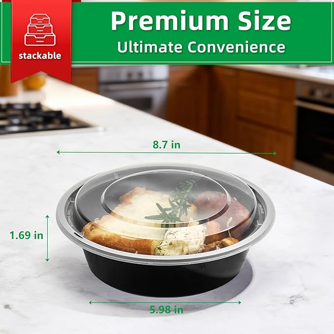 Meal Prep Containers Reusable 50 Pack-28 oz Food Storage Containers with Lids To Go Food Containers Takeout, Microwave Dishwasher Freezer Safe, Stackable, BPA Free, Plastic(Black)