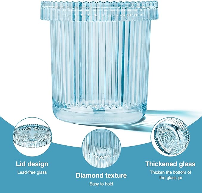 Glass Qtip Dispenser 2 Pack, Clear Bathroom Storage Organizer for Cotton Swabs, Balls, Pads & Floss Picks, Vanity Makeup Essential Accessories (Blue)