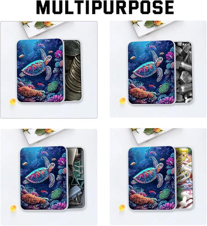 Metal Tin Box with Lid for Game Cards Home Large Organizer Candles Keys Crafts Storage - Comes with 4 Magnetic Cord Clips，Sea Turtle