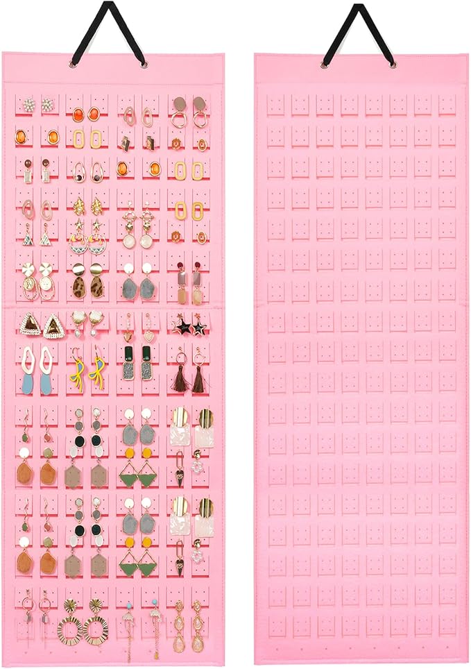 Lolalet Hanging Earring Holder Organizer with 20 Hooks for Women, Earring Organizer Wall Earrings Hanger Pierced Earring Storage, Felt Stud Earring Display, 608 Holes for Earrings - Pink, 1 Pack
