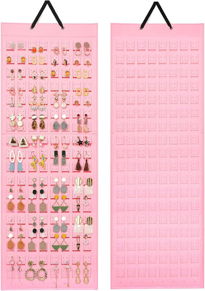 Lolalet Hanging Earring Holder Organizer with 20 Hooks for Women, Earring Organizer Wall Earrings Hanger Pierced Earring Storage, Felt Stud Earring Display, 608 Holes for Earrings - Pink, 1 Pack