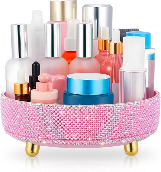 Honeydak Pink Bling Perfume Makeup Organizer Bling Mother's Day Nurses Day Gifts for Women Bathroom Organizers and Storage 360 Rotating Makeup Organizer for Countertop(Pearl)