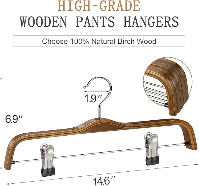 TOPIA HANGER Wooden Pants Hangers,Slim Natural Wood Skirt Hangers with Anti-Rust Hook and Adjustable Metal Clips, Perfect for Skirts,Pants,Slacks-10 Pack-CT17A