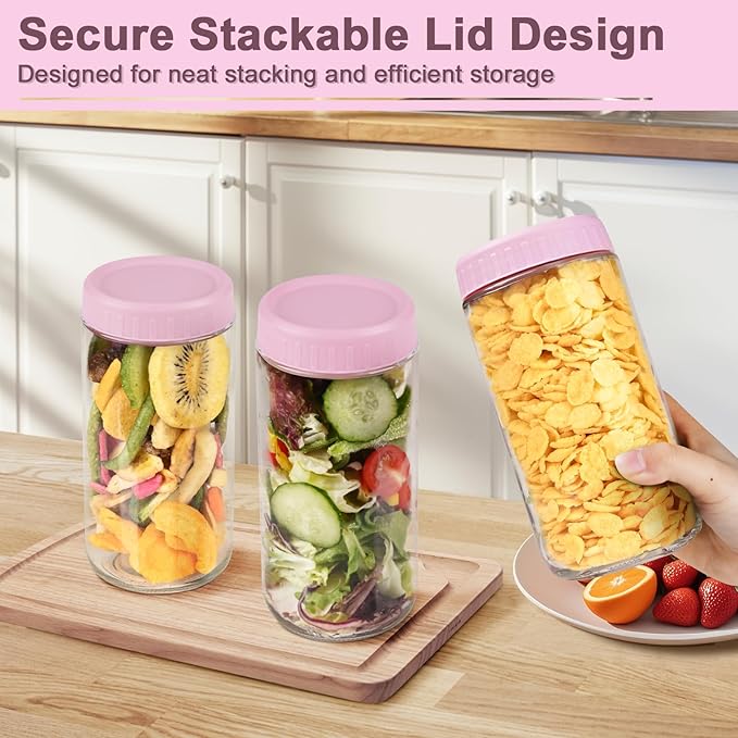 Overnight Oats Containers with Lids, 24oz Wide Mouth Mason Jars with Lids, 9 Pack Glass Jars with Airtight lid for Chia Pudding Yogurt Salad, Meal Prer Oatmeal Jars, Pink