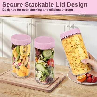 Overnight Oats Containers with Lids, 24oz Wide Mouth Mason Jars with Lids, 9 Pack Glass Jars with Airtight lid for Chia Pudding Yogurt Salad, Meal Prer Oatmeal Jars, Pink
