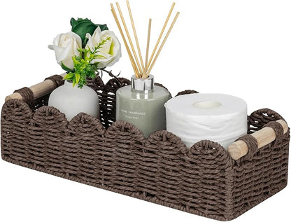 CubesLand Paper Rope Scalloped Edge Shelves Storage Basket, Woven Toilet Paper Baskets for Over Toilet Storage Shelf, Ending Table, Floating Shelves Organizing or Home Décor, with Wood Handle, Brown
