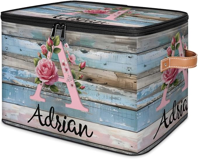 Custom Initials Wood Flower Storage Bins with Lid, Foldable Personalized Storage Basket Boxes with Handle Shelf Basket Closet Organizer Cube