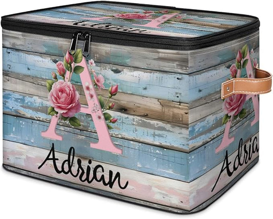 Custom Initials Wood Flower Storage Bins with Lid, Foldable Personalized Storage Basket Boxes with Handle Shelf Basket Closet Organizer Cube