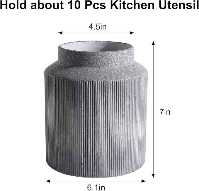 Farmhouse Ceramic Farmhouse Kitchen Utensil Holder for Countertop, Rustic Cooking Utensil Holder Crock Fit for Kitchen Counter.Grey 6.1 x 6.1 x 7 IN