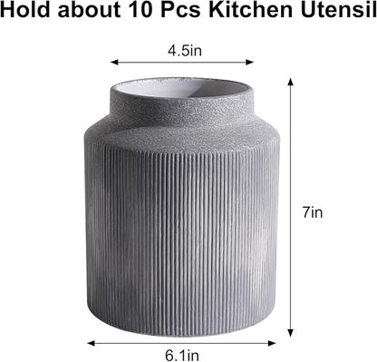 Farmhouse Ceramic Farmhouse Kitchen Utensil Holder for Countertop, Rustic Cooking Utensil Holder Crock Fit for Kitchen Counter.Grey 6.1 x 6.1 x 7 IN
