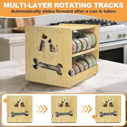 Cat Food Organizer, Bamboo Can Organizer for Pantry,2 Tier Stackable Pet Food Can Organizer for Kitchen Pantry, Can Rack Organizer for Human and Pet Food Cans, FIFO Design