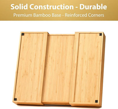 Umilife Expandable Kitchen Drawer Organizer, 2.5" High Bamboo Utensils Silverware Tray, Adjustable Large Deep Wood Organization Holder