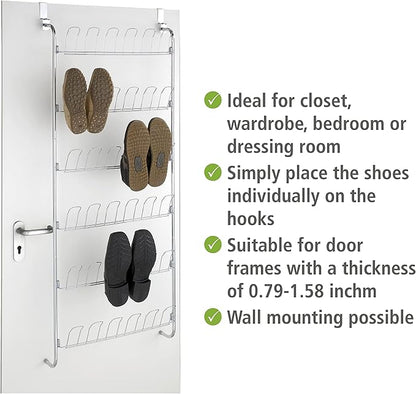 WENKO Over the Door Shoe Rack Organizer, Shoe Holder for Back of Door and Closet, Hanging Shoe Rack, Storage for up to 18 Pairs of Shoes, 23.2 x 59.4 x 5.5 inch, Silver Shiny
