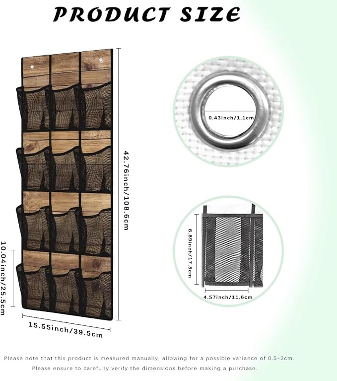 Wood Pattern Door Hanger Organizer 12 Pockets Behind The Door Organizer for Living Room Brown Wall Hanging Storage Easy to Install Multi-Funtion Storage Bag for School