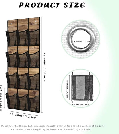 Wood Pattern Door Hanger Organizer 12 Pockets Behind The Door Organizer for Living Room Brown Wall Hanging Storage Easy to Install Multi-Funtion Storage Bag for School
