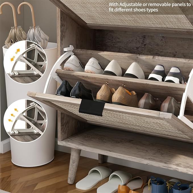 ZeHuoGe Large Rattan Shoe Cabinet with 4 Flip Drawers, Large Shoe Organizer Storage Cabinet, Entryway Narrow Shoe Rack, for Entrance Hallway (4 Drawers)