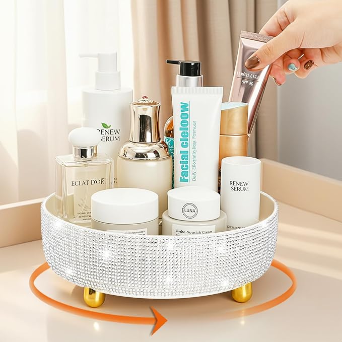 Makeup Perfume Organizer, 360 Degree Rotating Lazy Susan Cosmetic Tray, Large Capacity Rhinestone Bling Bathroom Skincare Lotion Holder Case for Vanity, Dresser, Desktop