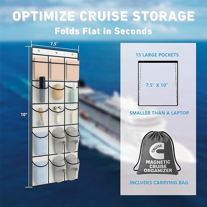 Cruise Magnetic Door Organizer with Hooks, 15 Large Pockets, Strong Anti-Scratch Magnets, Over-the-Door Hanging Storage for Cruise Cabin Essentials, Space Saving Cruise Door Organizer