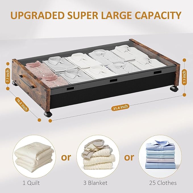Under Bed Storage with Wheels, Underbed Shoe Storage Containers, Under the Bed Storage Drawers with Lid, Wooden Rolling Blankets Clothes Storage Metal Drawer for Bedroom Dorms Room (Walnut 2pack)