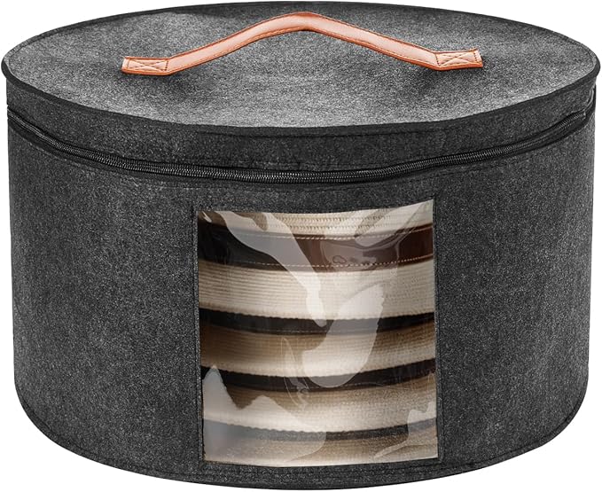 HEAVYWOOD Hat Box for Women Storage Travel Felt Hat Case for Wide-Brim Cowboy Hat Storage Foldable Organizer for Closet Large Round Hat Carrier with Portable Handle (Dark Gray)