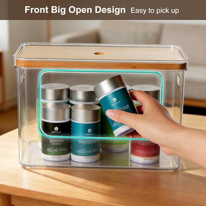 Hudgan Pantry Organizers and Storage with Straight Side, 2 Set Stackable Bin with Open Front for Onion,Potato,Garlic,Fruit, Clear Storage Bin with Bamboo Lid for Kitchen Cabinet, Countertop, Bathroom