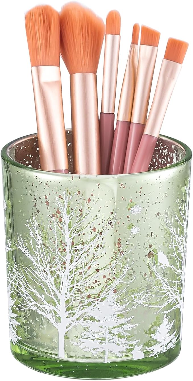 DASITON Makeup Brush Holder Organizer, Crystal Glass Cosmetic Makeup Brushes Storage Holder, Christmas Tree Make Up Brush Cup for Vanity Décor, Small Pen Holders for Desk, Toothbrush Holders (Green)
