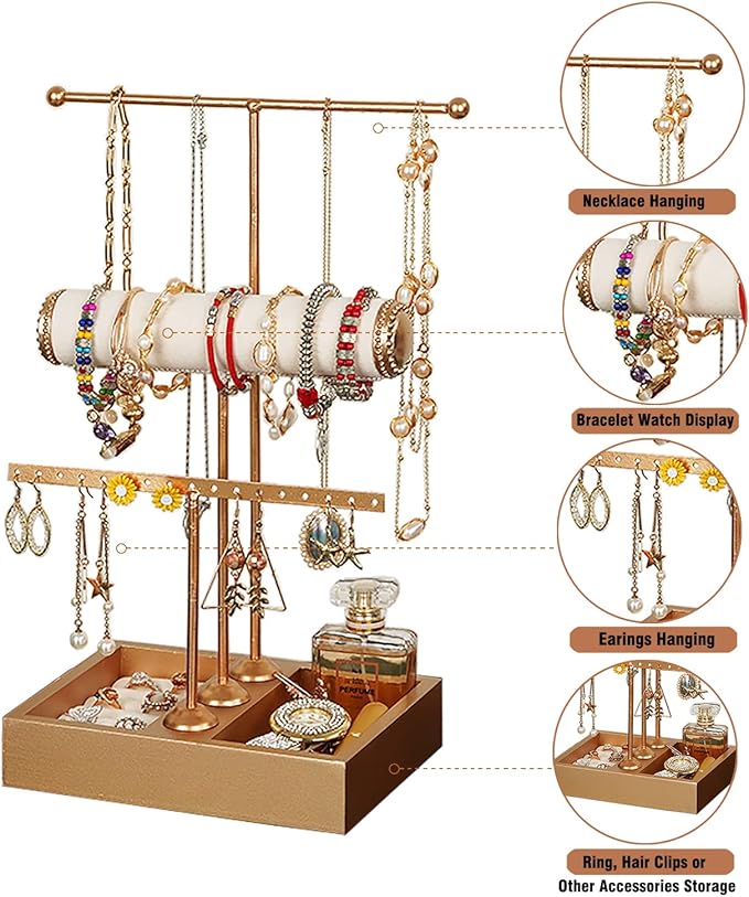 Jewelry Organizer Stand 3 Tier Hanging Jewelry Organizer for Earring Necklace Bracelet Holder Jewelry Ring Perfume Organizer Box Holder Storage (3-Tier Gold)……