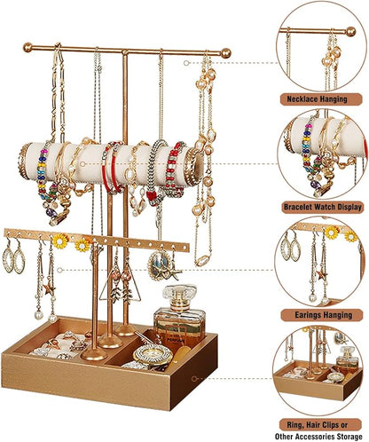 Jewelry Organizer Stand 3 Tier Hanging Jewelry Organizer for Earring Necklace Bracelet Holder Jewelry Ring Perfume Organizer Box Holder Storage (3-Tier Gold)……