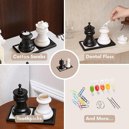 King and Queen Chess Piece Qtip Holder Bathroom Set with Mini Chessboard Base, Novelty Ceramic Storage Containers for Toothpicks, Cotton Swabs, Floss - Elegant Desk Decor, Unique Gift for Chess Lovers