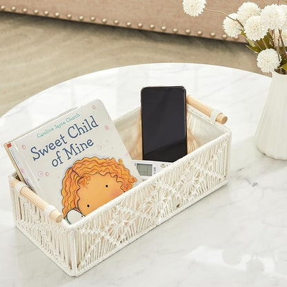 Nonam Macrame Storage Baskets, Boho Decor Style Woven Storage Boxes for Home Organization, Toilet Tank Shelf Cabinet Organizer Baskets,Set of 2- Warm White-X