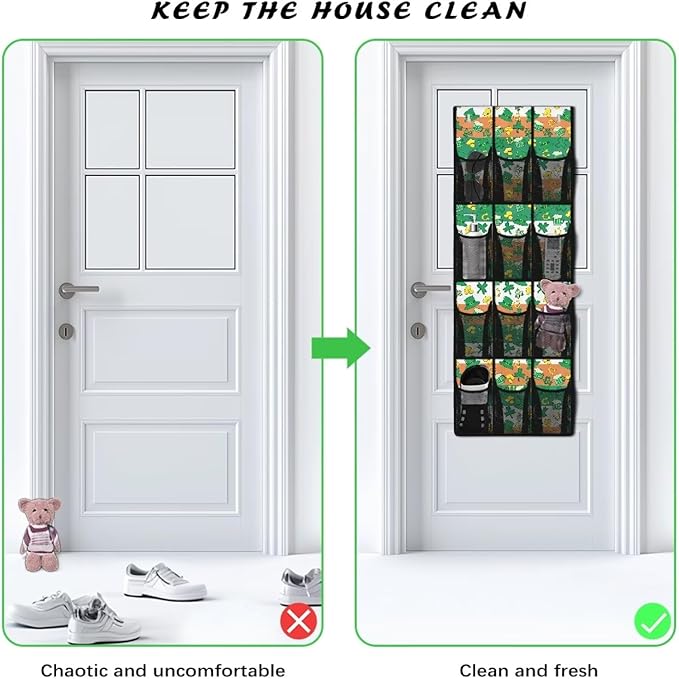 12-Compartment Over The Door Hanging Storage Bag, Waterproof Dirt-Resistant and Easy to Fold for Compact Storage, Lucky Leaf Green Hat Gold Coins Horseshoe Irish Flag