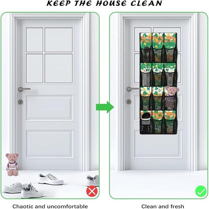 12-Compartment Over The Door Hanging Storage Bag, Waterproof Dirt-Resistant and Easy to Fold for Compact Storage, Lucky Leaf Green Hat Gold Coins Horseshoe Irish Flag