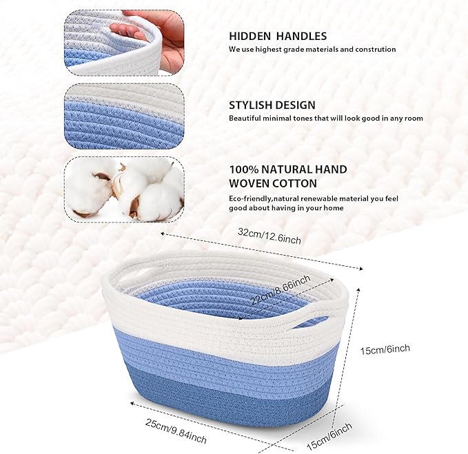 Sawysine 6 Pcs Storage Baskets Bulk for Organizing Cotton Rope Woven Basket with Handles for Gift Cloth Shelves Blanket Toys Living Room(Blue and White)