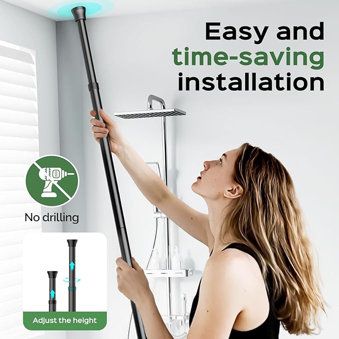 HAMITOR Shower Caddy Tension Pole: Rustproof Quick Install Corner Bathroom Organizer Shelf on Floor for Renters - 4-Tier Large Capacity Storage Rack with Soap Holder for Apartment -47-121 Inch/Black