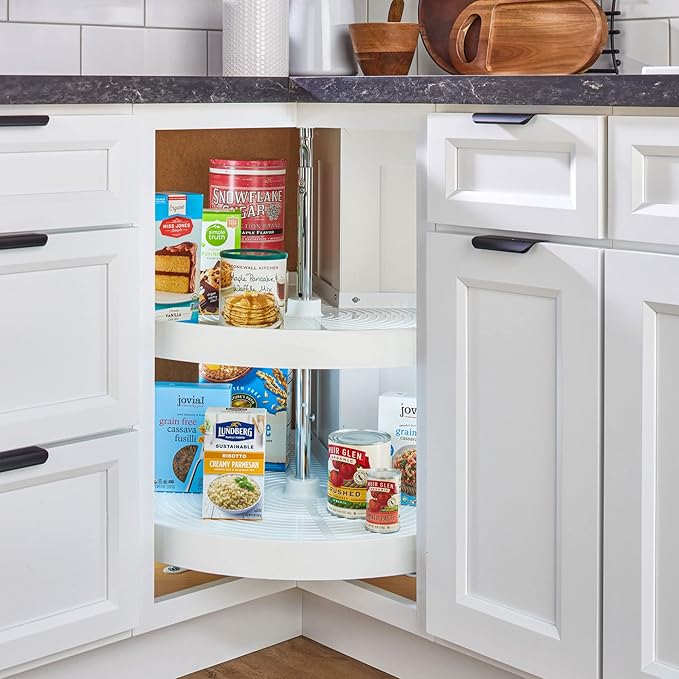 Rev-A-Shelf 28" Pie-Cut Dual Tier Plastic Lazy Susan Organizer for Diagonal Corner Base Cabinets, Rotating Shelves for Kitchen Organization, 28" W x 18" D x 26" H, White, LD-2942-28-11-1