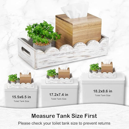 Bathroom Basket for Toilet Tank - White Wood Toilet Basket with Decorative Wavy Panels, Back of Toilet Organizer for Organizing Toilet Paper, Towels, and Bathroom Accessories