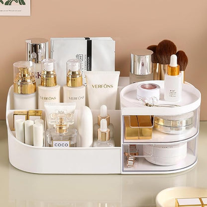 skin care organizer,Makeup Desk Organizer With Drawers,Countertop Organizer for Cosmetics,Vanity brush with Holder for Lipstick, Brushes, Eyeshadow, and Desktop Finishing Dresser (D-White)