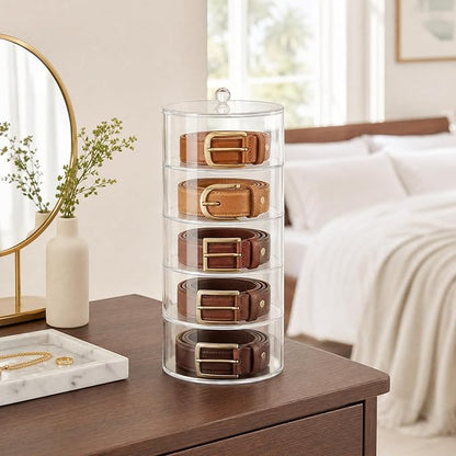 ZENFUN 5 Layers Acrylic Belt Organizer, Stackable Belt Storage Box Clear Display Case Vanity Organizer for Watch, Hair Accessories, Jewelry, Closet and Drawer, 2.6" H x 5.5" Dia