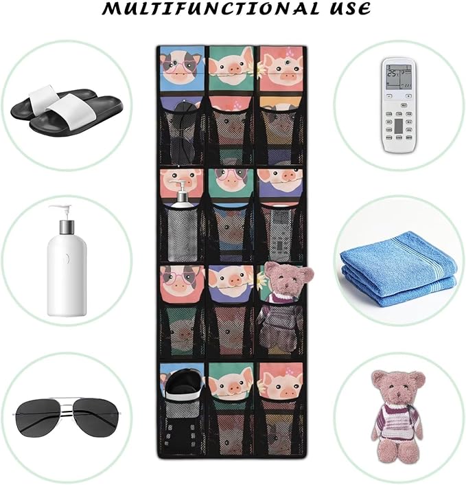 Funny Pig 12 Pockets Over the Door Shoe Organizer,Hanging Shoe Organizer for Door with 12 Mesh Pockets, Large Capacity Shoe Hanging Storage Bag,Headphone Storage Classroom