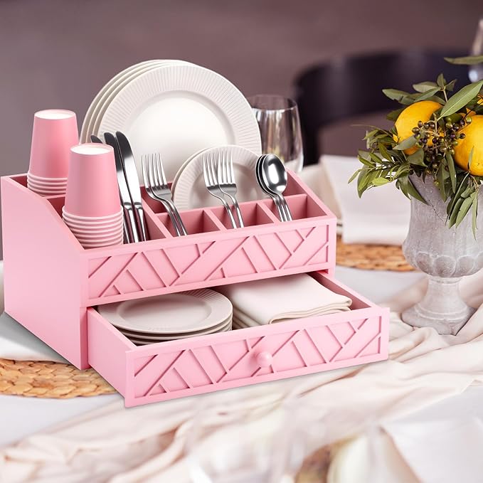 Marsui Paper Plate Dispenser, Wood Rustic Paper Plate Holder for Countertop with Drawer Silverware Utensil Caddy, Cutlery Flatware Organizer for Spoon Fork Napkins Kitchen Parties(Pink)
