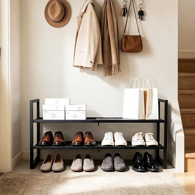 Expandable Shoe Rack,2 Tier Adjustable Metal Shoe Shelf for Closet,Sturdy Free Standing Shoe Storage for Door Entrance,Bedroom,Small Spaces,Black